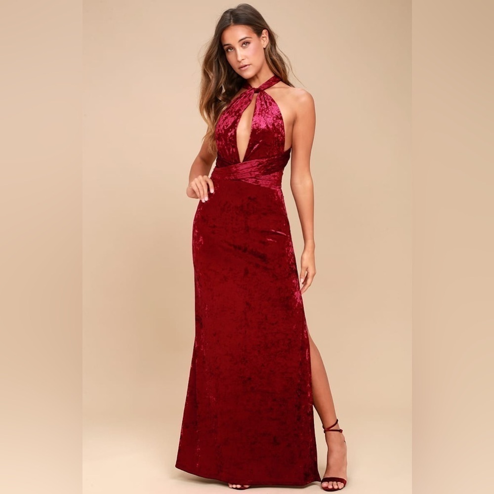 Lulus Dreams of Sheen Burgundy Velvet Convertible Maxi Dress NWT Size: XS